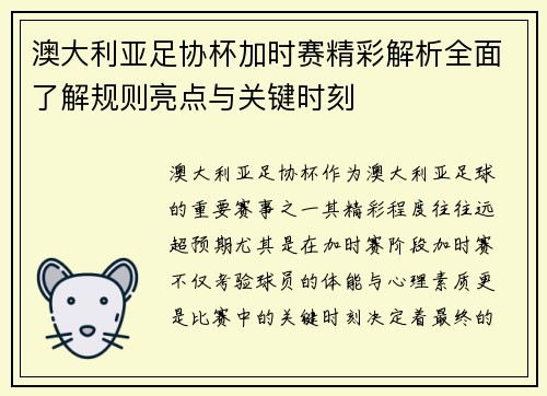 澳大利亚足协杯加时赛精彩解析全面了解规则亮点与关键时刻